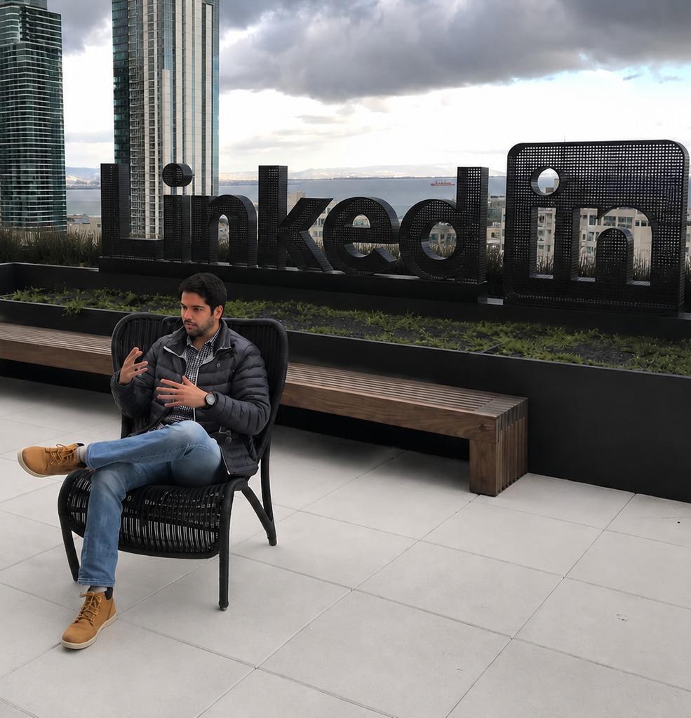 Renato Lamardo sentado em frente ao letreiro do LinkedIn em San Francisco